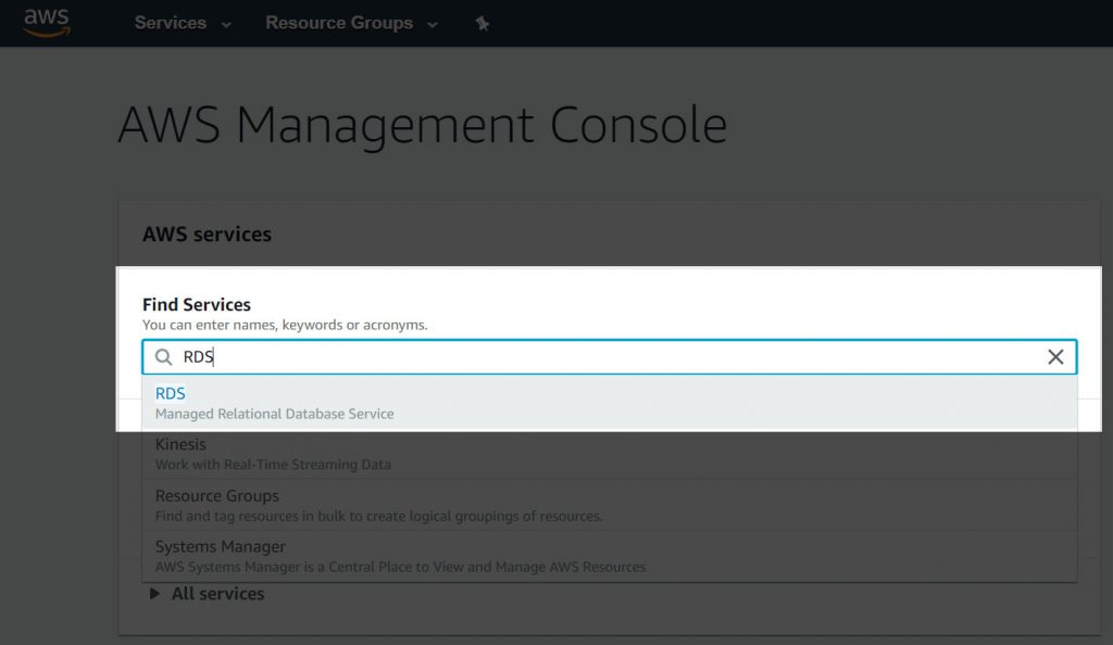 Selecting RDS from the AWS Management Console