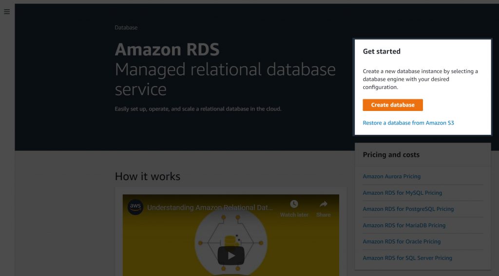 Amazon RDS landing page - create database