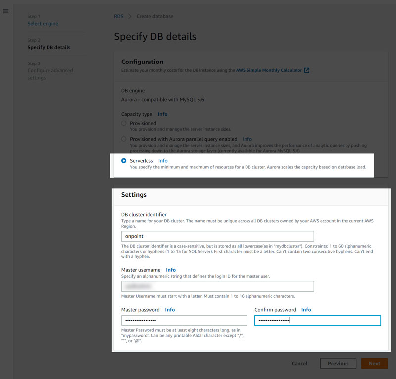 Aurora Serverless - Specify DB details