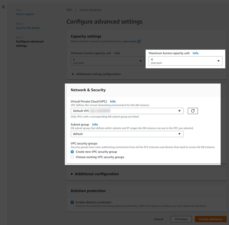 Aurora serverless - Advanced settings