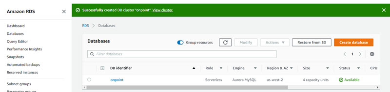 Aurora Serverless - Database created