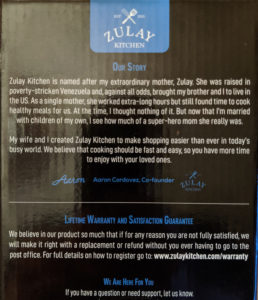 Zulay Kitchen story on the back of their packaging