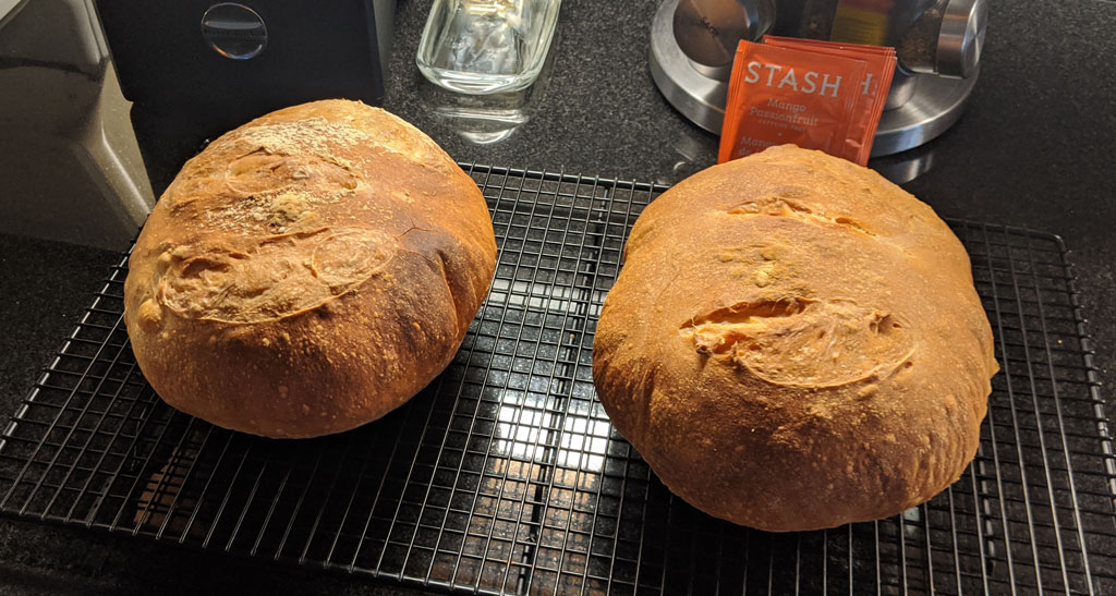 two loaves of no-knead crusty white bread