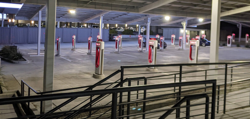 Superchargers at Tesla Supercharging station - Kettleman City, CA