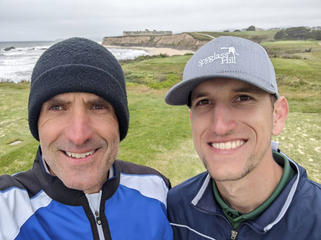 Gregg and Brad Borodaty on the 17th tee at the Half Moon Bay Ocean Course