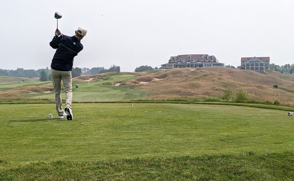 Brad Borodaty on the 18th tee at Arcadia Bluff's The Bluffs Course